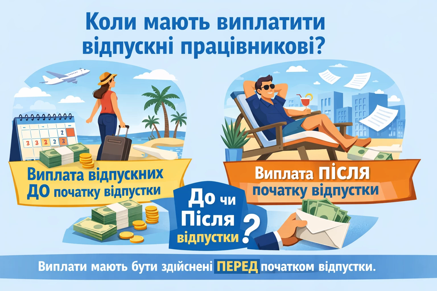 Чи обов'язково роботодавець має виплатити працівникові відпускні до початку відпустки? А якщо кошти виплачено вже після того, як працівник пішов у відпустку?