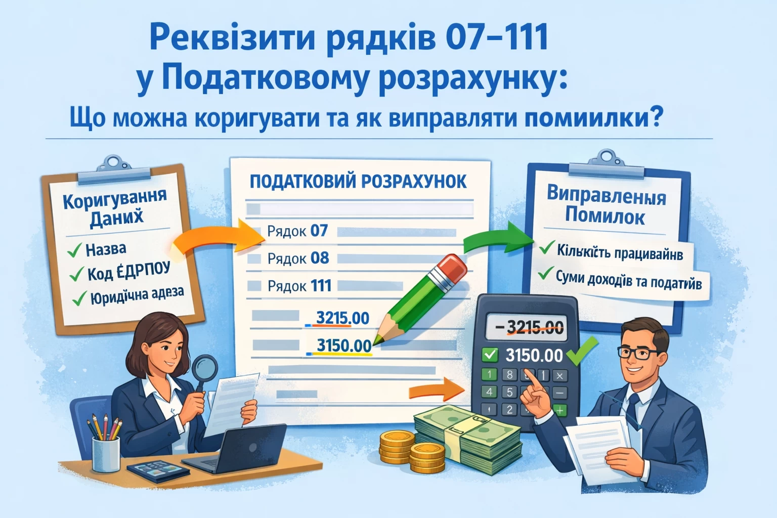 ДПС роз’яснила, які реквізити рядків 07–111 заголовної частини Податкового розрахунку для юридичних осіб можна коригувати та як саме виправляти помилки у кількісних показниках.