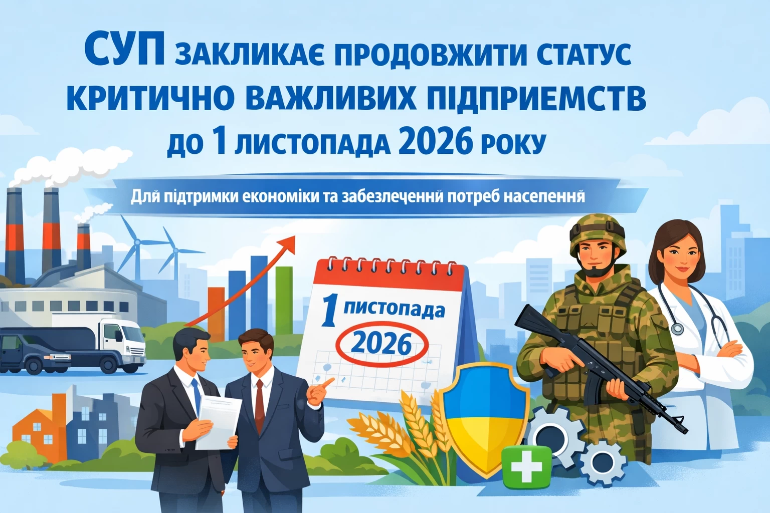 Спілка українських підприємців звернулася до Кабінету Міністрів України із закликом продовжити до 1 листопада 2026 року строк чинності рішень про визначення підприємств критично важливими для функціонування економіки та забезпечення життєдіяльності населення.