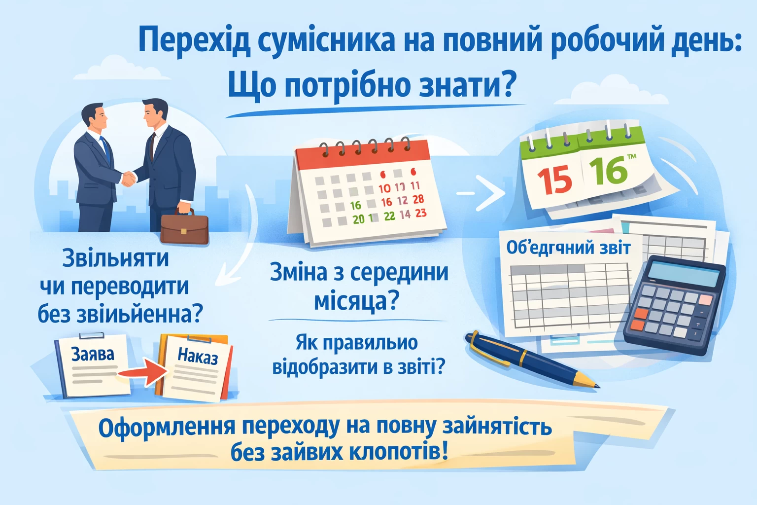 На підприємстві працює сумісник. Чи можна йому встановити повний робочий день? Якщо можна, то чи потрібно його для цього звільняти й потім приймати на повну зайнятість? Якщо перехід з неповної на повну зайнятість відбувся з середини місяця, то як відобразити це в додатках Об’єднаного звіту?