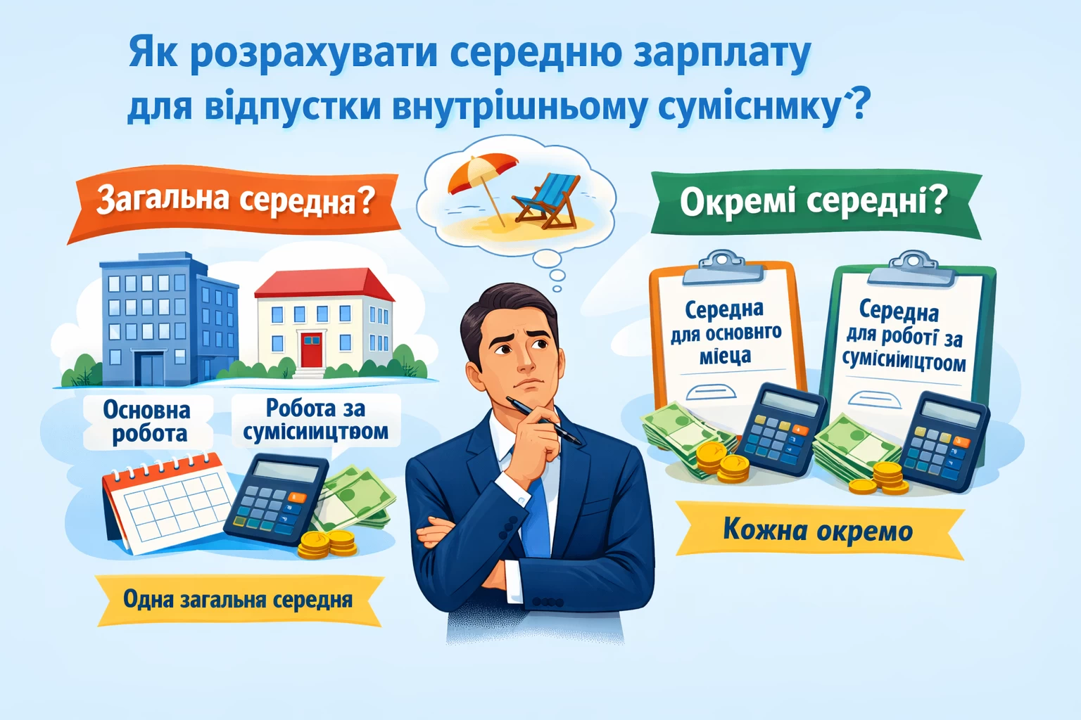Як розрахувати середню зарплату для оплати відпустки внутрішньому суміснику: розраховувати загальну середню і для основного місця роботи, і для роботи за внутрішнім сумісництвом чи за кожним місцем роботи рахувати окрему середню?