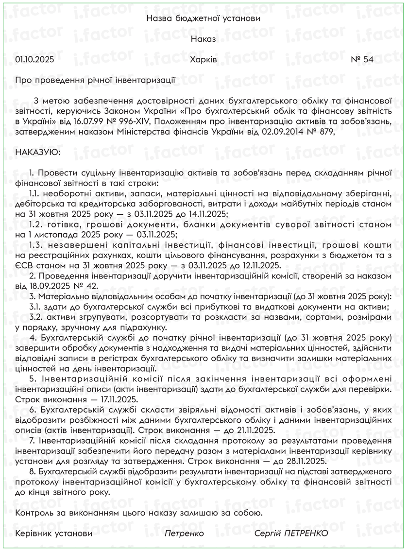 Зразок наказу про проведення річної інвентаризації