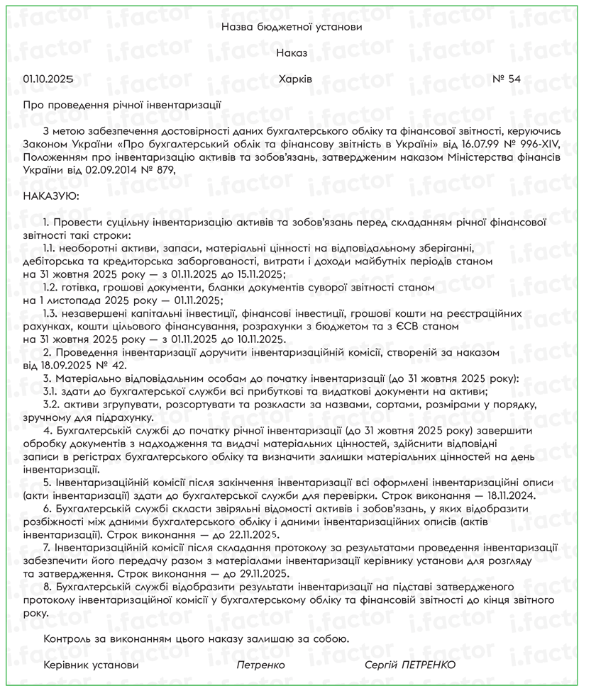 Зразок наказу про проведення річної інвентаризації 