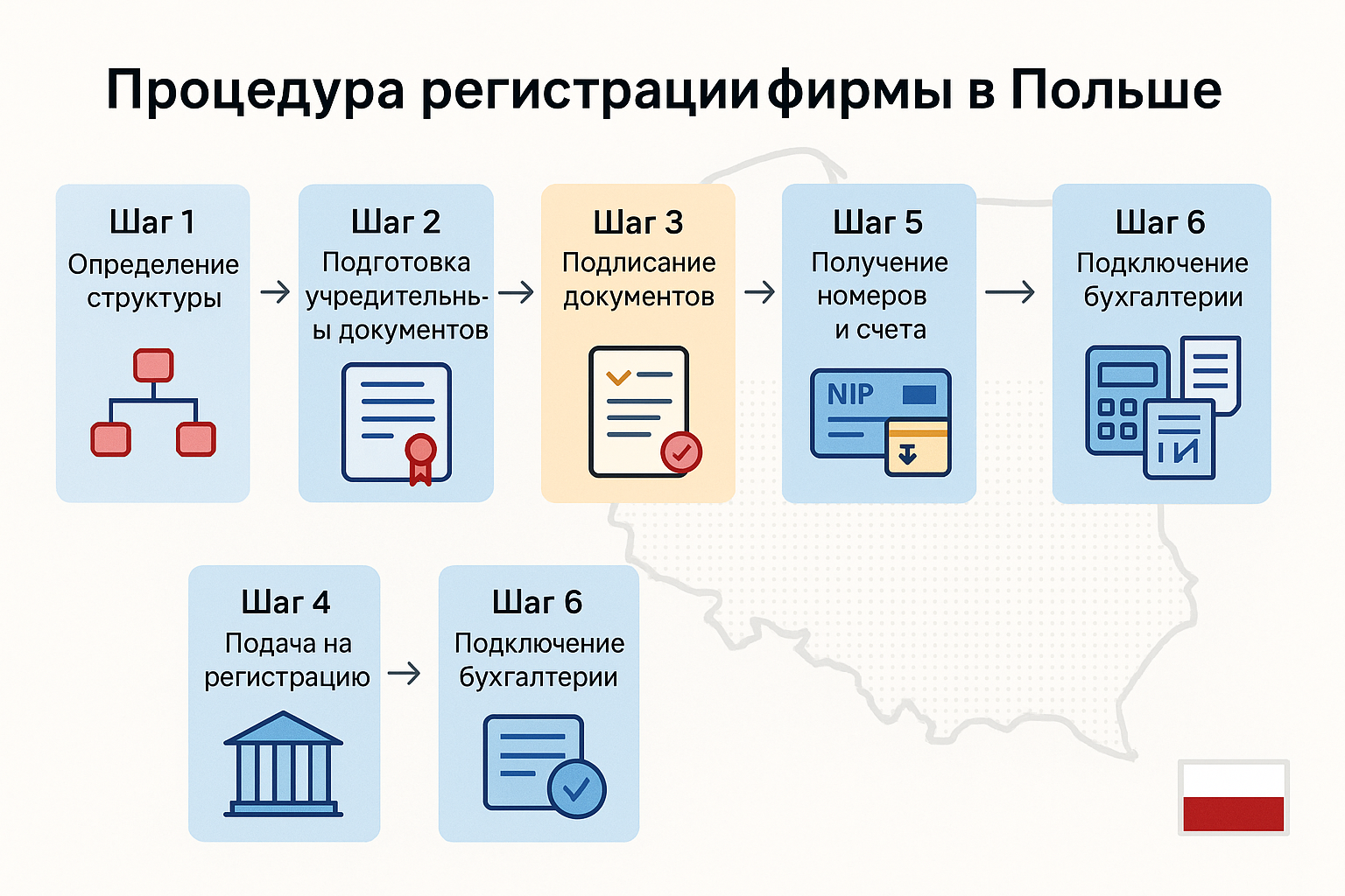 Инфографика, пошагово показывающая процедуру регистрации фирмы в Польше: шесть блоков с подписями — определение структуры компании, подготовка учредительных документов, подписание документов, подача на регистрацию, получение номеров и банковского счёта, подключение бухгалтерии; на фоне контур карты Польши и маленький польский флаг.
